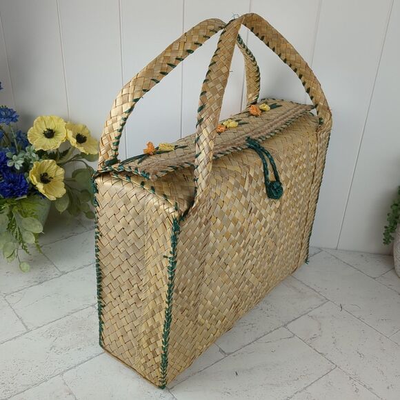 Vintage Large Woven Straw Raffia Bag Tote 1960s MCM Beach Floral - Picture 2 of 16